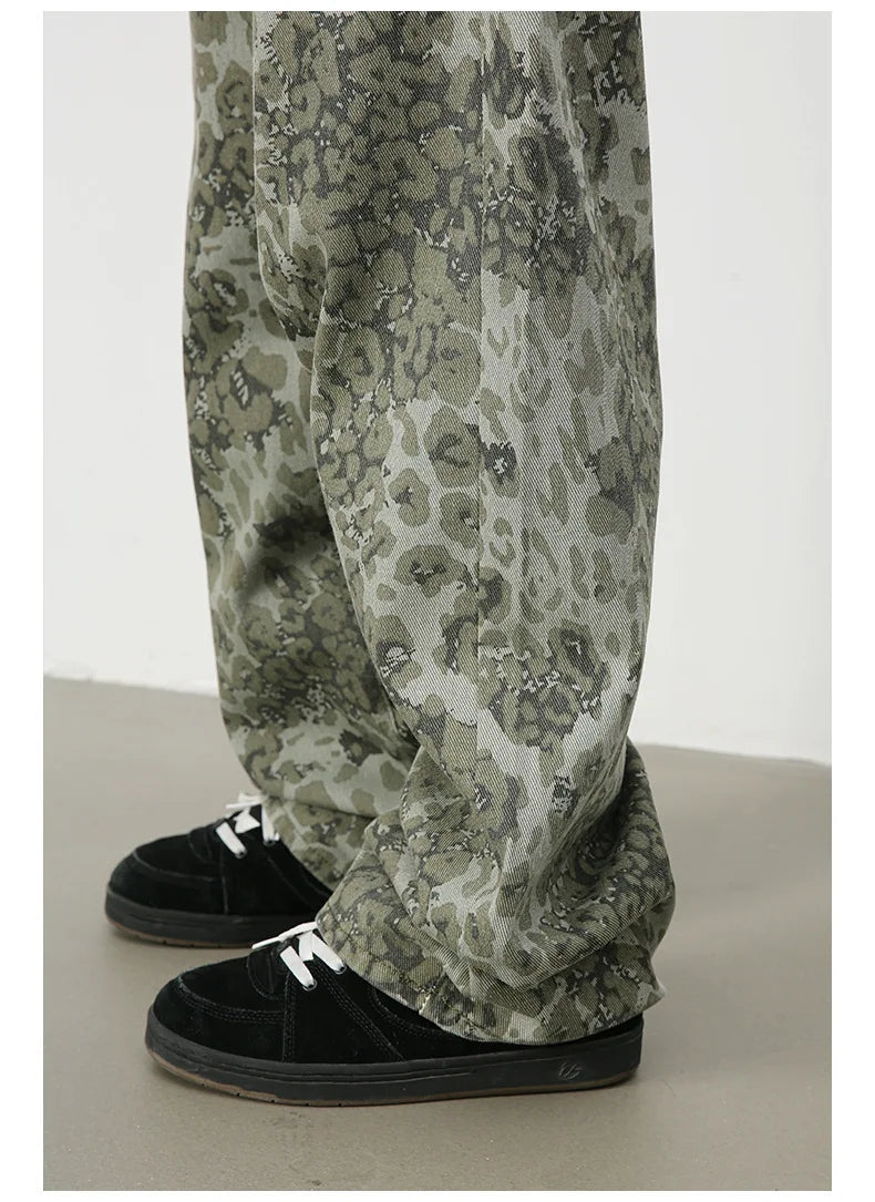 PFNW American 2025 New Tide Camouflage Jeans Men's Ins Loose Straight Wide Leg Casual Denim Pants Loose Male Trousers 12C2036