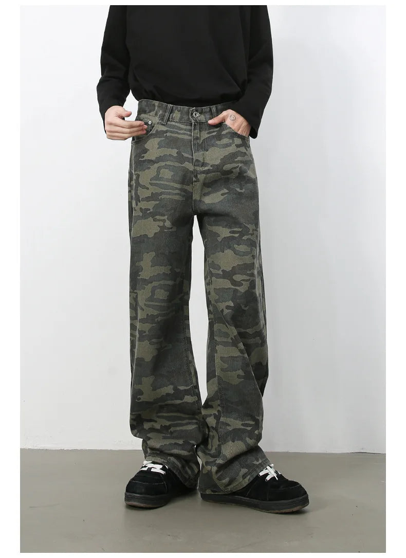 PFNW American 2025 New Tide Camouflage Jeans Men's Ins Loose Straight Wide Leg Casual Denim Pants Loose Male Trousers 12C2036