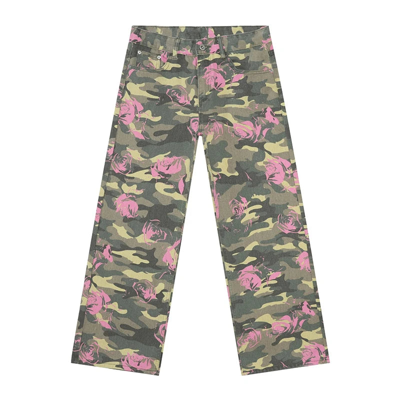 PFNW American 2025 New Tide Camouflage Jeans Men's Ins Loose Straight Wide Leg Casual Denim Pants Loose Male Trousers 12C2036