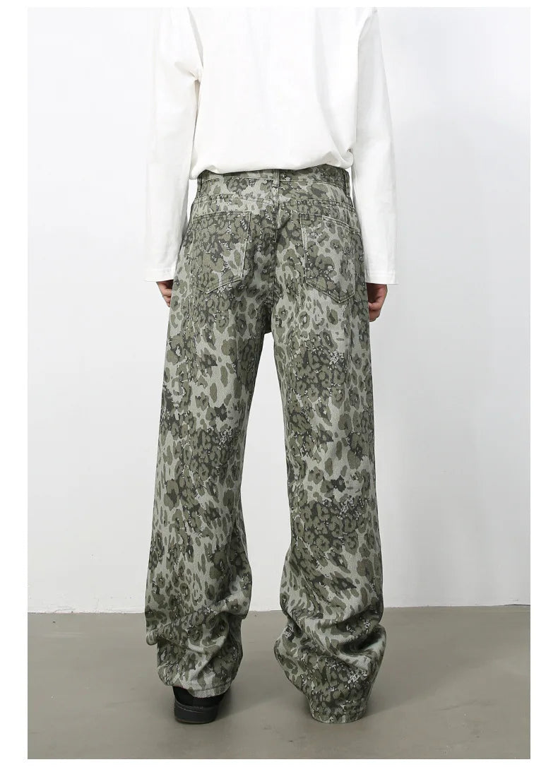 PFNW American 2025 New Tide Camouflage Jeans Men's Ins Loose Straight Wide Leg Casual Denim Pants Loose Male Trousers 12C2036