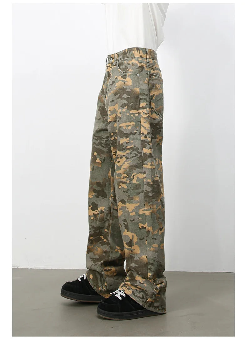 PFNW American 2025 New Tide Camouflage Jeans Men's Ins Loose Straight Wide Leg Casual Denim Pants Loose Male Trousers 12C2036