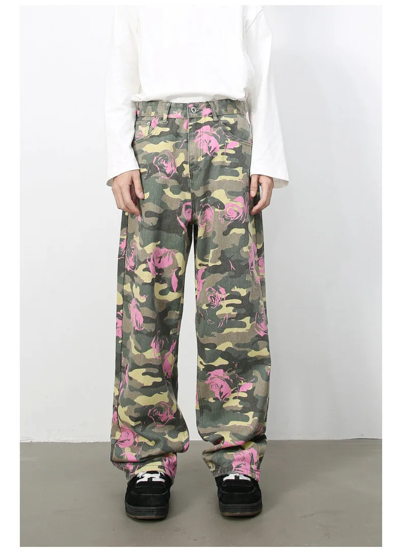 PFNW American 2025 New Tide Camouflage Jeans Men's Ins Loose Straight Wide Leg Casual Denim Pants Loose Male Trousers 12C2036