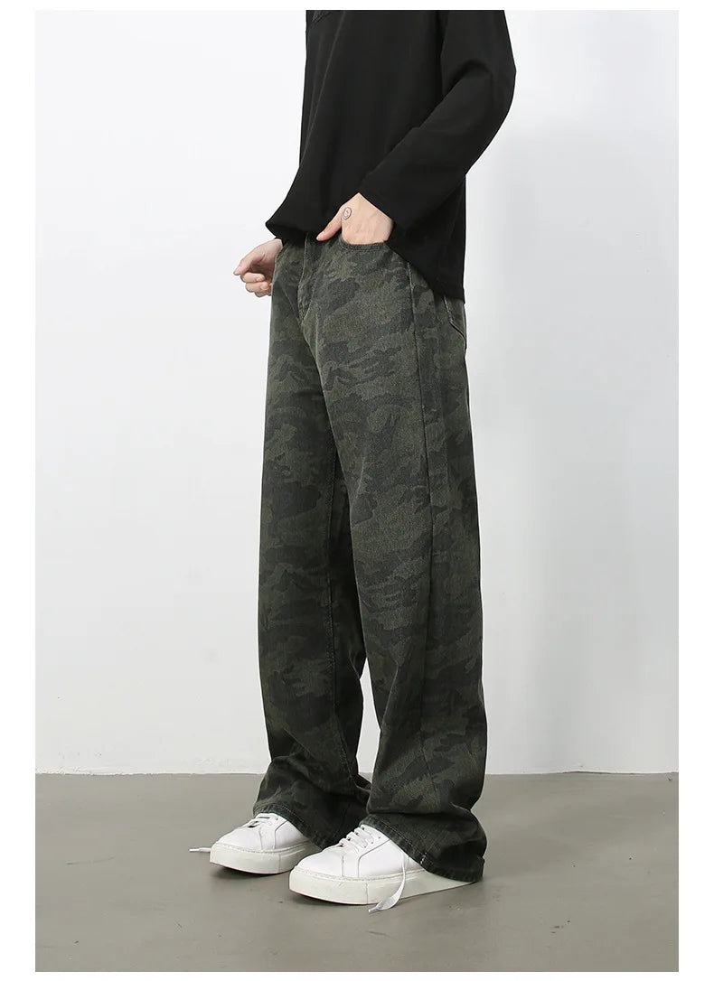 PFNW American 2025 New Tide Camouflage Jeans Men's Ins Loose Straight Wide Leg Casual Denim Pants Loose Male Trousers 12C2036