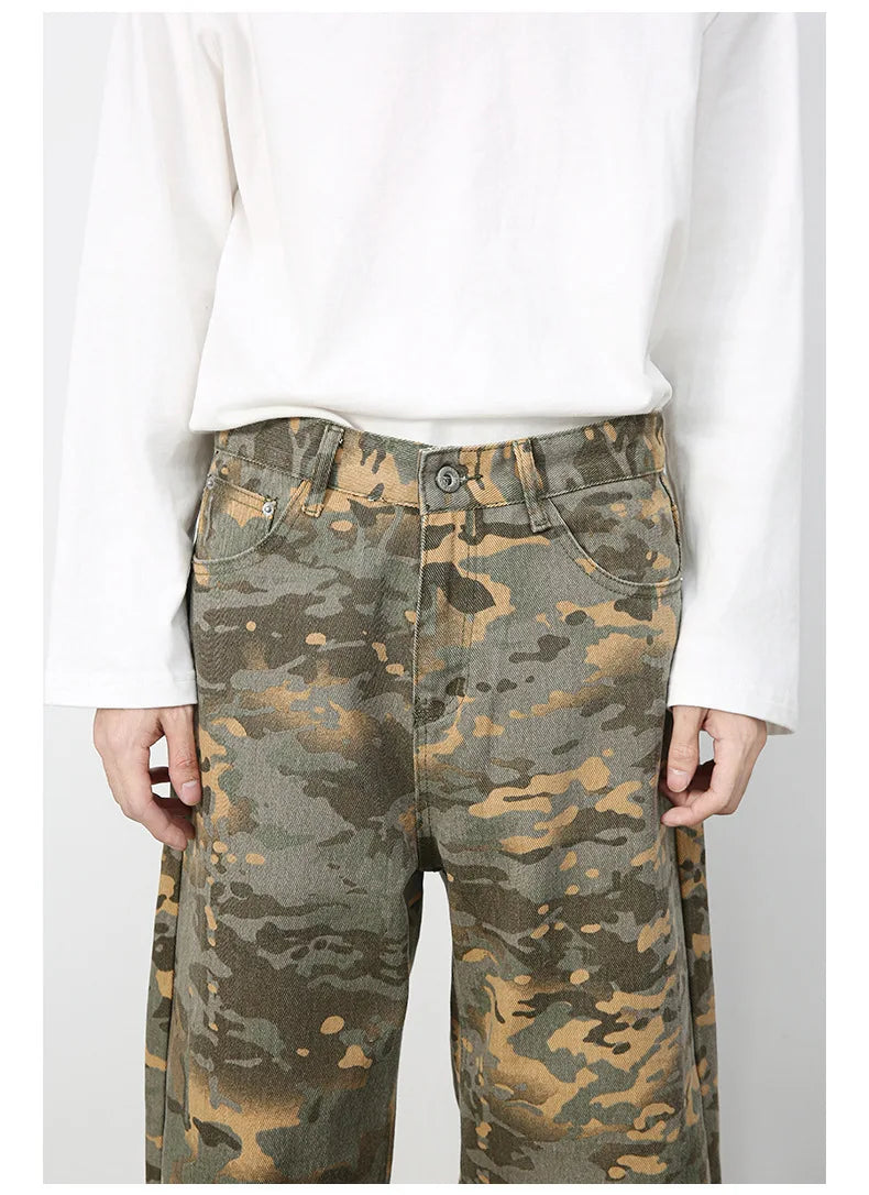 PFNW American 2025 New Tide Camouflage Jeans Men's Ins Loose Straight Wide Leg Casual Denim Pants Loose Male Trousers 12C2036