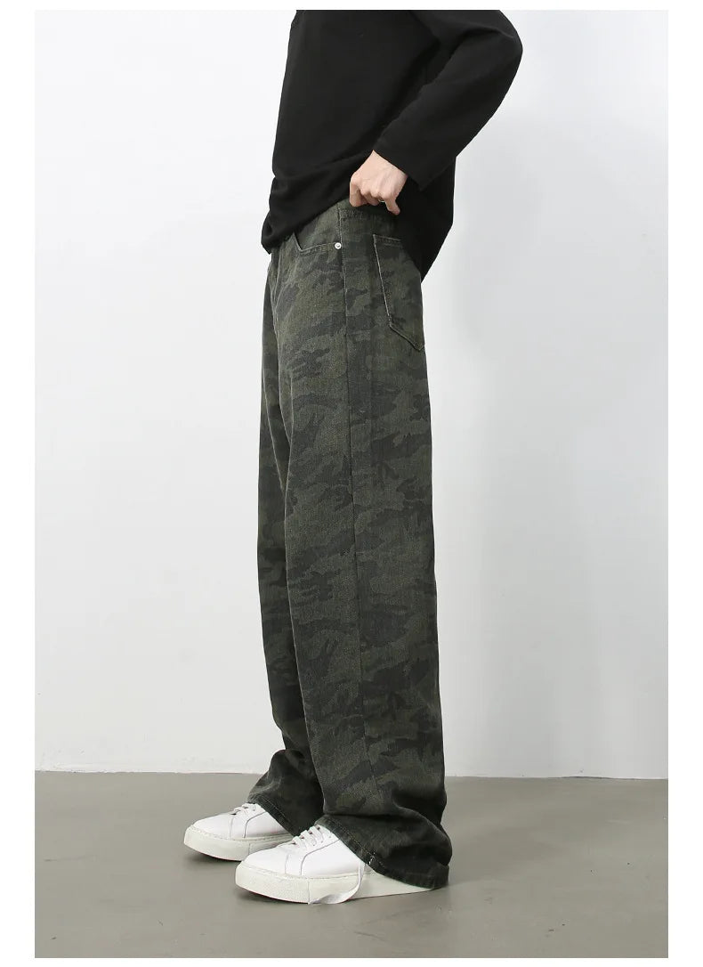 PFNW American 2025 New Tide Camouflage Jeans Men's Ins Loose Straight Wide Leg Casual Denim Pants Loose Male Trousers 12C2036