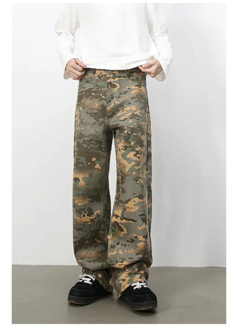 PFNW American 2025 New Tide Camouflage Jeans Men's Ins Loose Straight Wide Leg Casual Denim Pants Loose Male Trousers 12C2036
