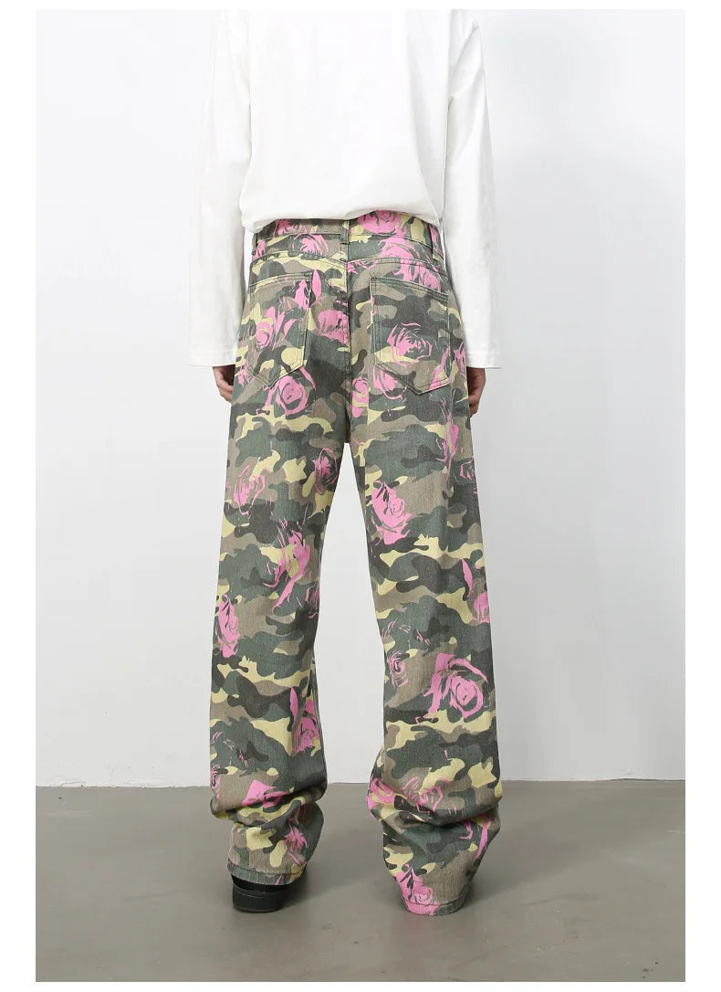 PFNW American 2025 New Tide Camouflage Jeans Men's Ins Loose Straight Wide Leg Casual Denim Pants Loose Male Trousers 12C2036