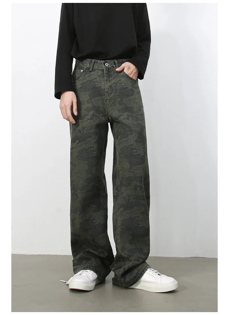PFNW American 2025 New Tide Camouflage Jeans Men's Ins Loose Straight Wide Leg Casual Denim Pants Loose Male Trousers 12C2036