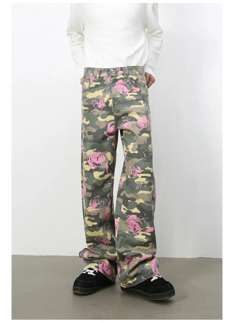 PFNW American 2025 New Tide Camouflage Jeans Men's Ins Loose Straight Wide Leg Casual Denim Pants Loose Male Trousers 12C2036