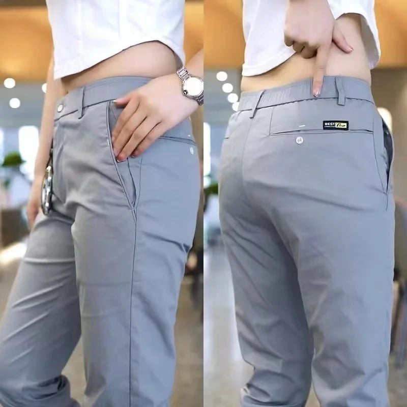 Mens Casual Pants Korea Fashion Summer Slim Fit Trousers High Quality Elastic Waist Straight Golf Sports Pants Men Clothing