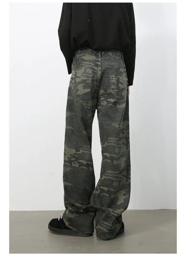 PFNW American 2025 New Tide Camouflage Jeans Men's Ins Loose Straight Wide Leg Casual Denim Pants Loose Male Trousers 12C2036