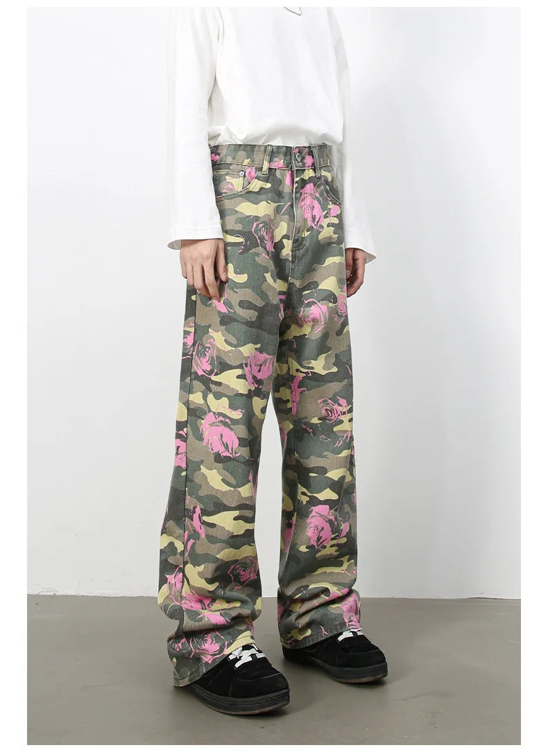 PFNW American 2025 New Tide Camouflage Jeans Men's Ins Loose Straight Wide Leg Casual Denim Pants Loose Male Trousers 12C2036