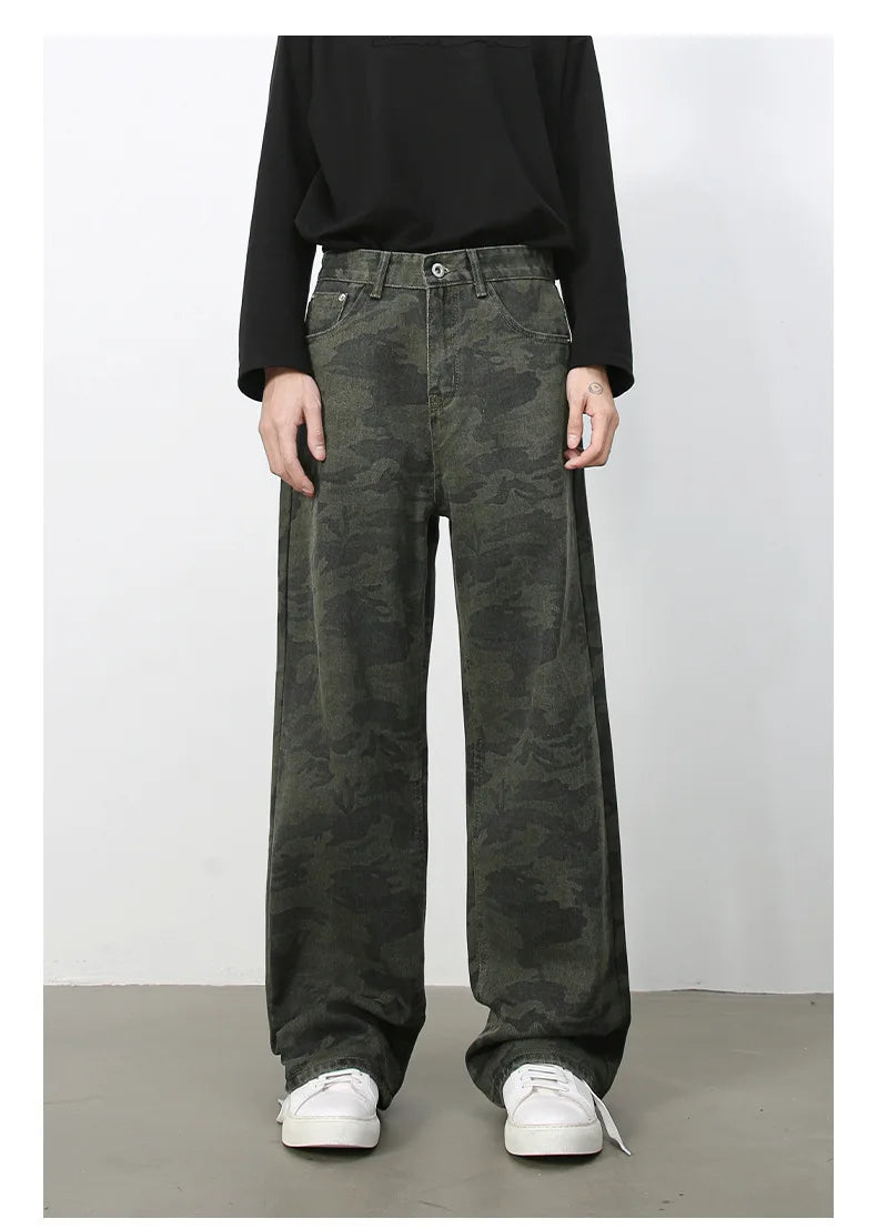 PFNW American 2025 New Tide Camouflage Jeans Men's Ins Loose Straight Wide Leg Casual Denim Pants Loose Male Trousers 12C2036