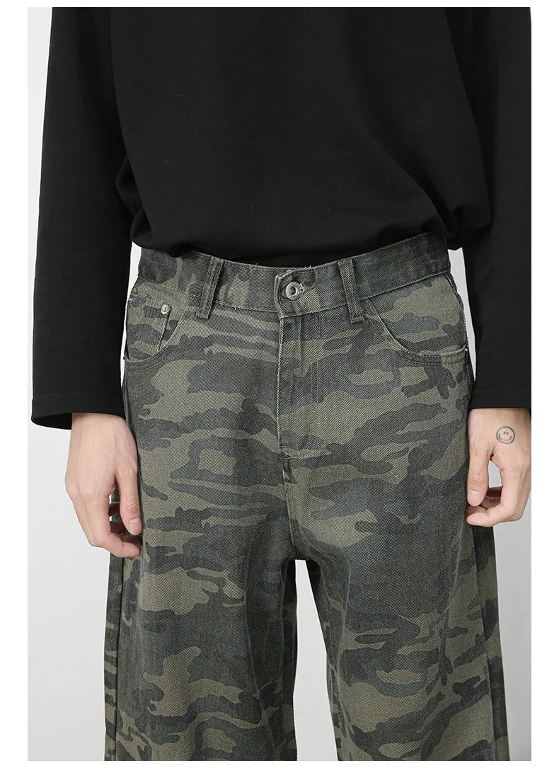 PFNW American 2025 New Tide Camouflage Jeans Men's Ins Loose Straight Wide Leg Casual Denim Pants Loose Male Trousers 12C2036