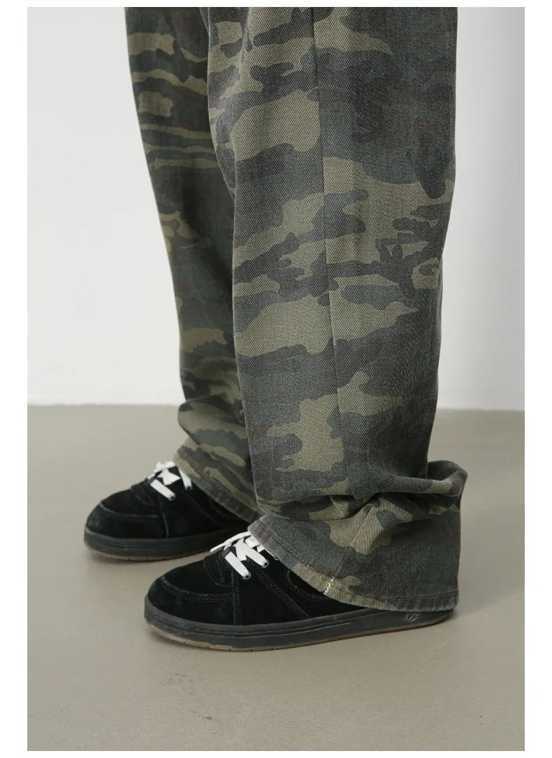 PFNW American 2025 New Tide Camouflage Jeans Men's Ins Loose Straight Wide Leg Casual Denim Pants Loose Male Trousers 12C2036