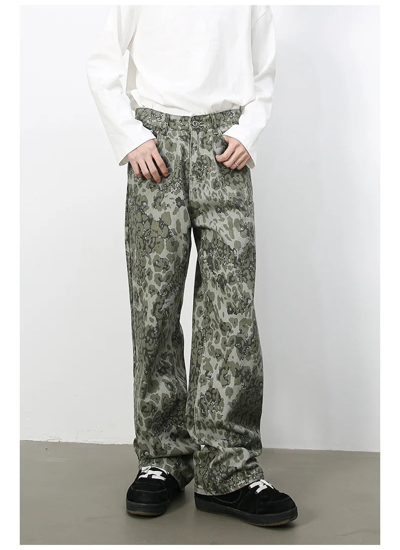 PFNW American 2025 New Tide Camouflage Jeans Men's Ins Loose Straight Wide Leg Casual Denim Pants Loose Male Trousers 12C2036