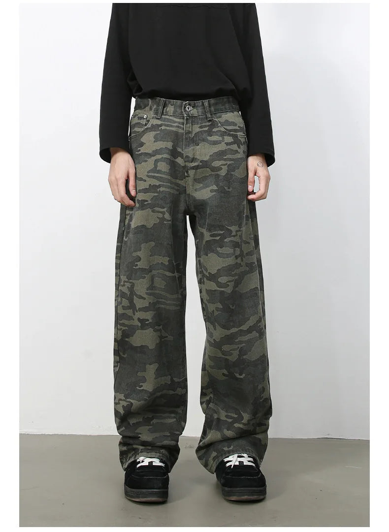 PFNW American 2025 New Tide Camouflage Jeans Men's Ins Loose Straight Wide Leg Casual Denim Pants Loose Male Trousers 12C2036