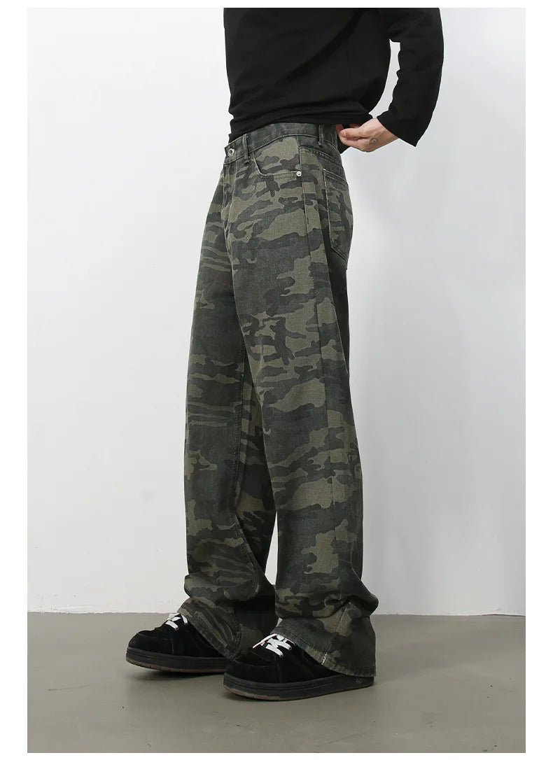 PFNW American 2025 New Tide Camouflage Jeans Men's Ins Loose Straight Wide Leg Casual Denim Pants Loose Male Trousers 12C2036