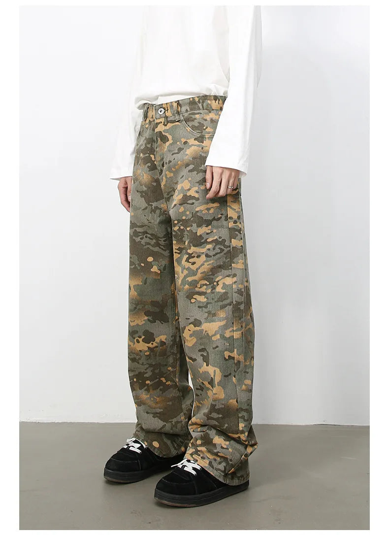 PFNW American 2025 New Tide Camouflage Jeans Men's Ins Loose Straight Wide Leg Casual Denim Pants Loose Male Trousers 12C2036