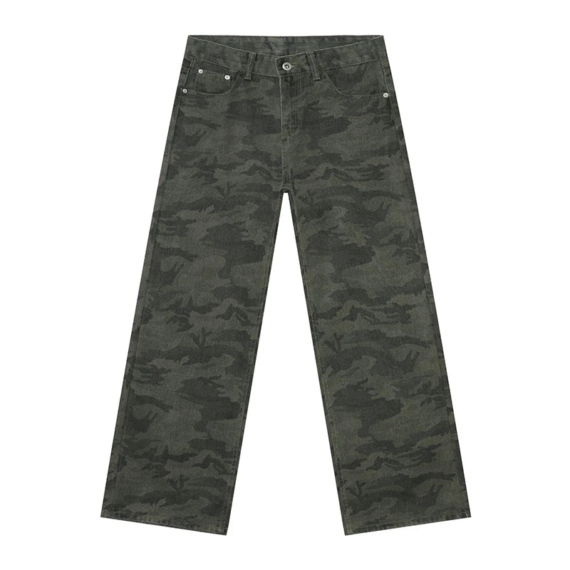 PFNW American 2025 New Tide Camouflage Jeans Men's Ins Loose Straight Wide Leg Casual Denim Pants Loose Male Trousers 12C2036