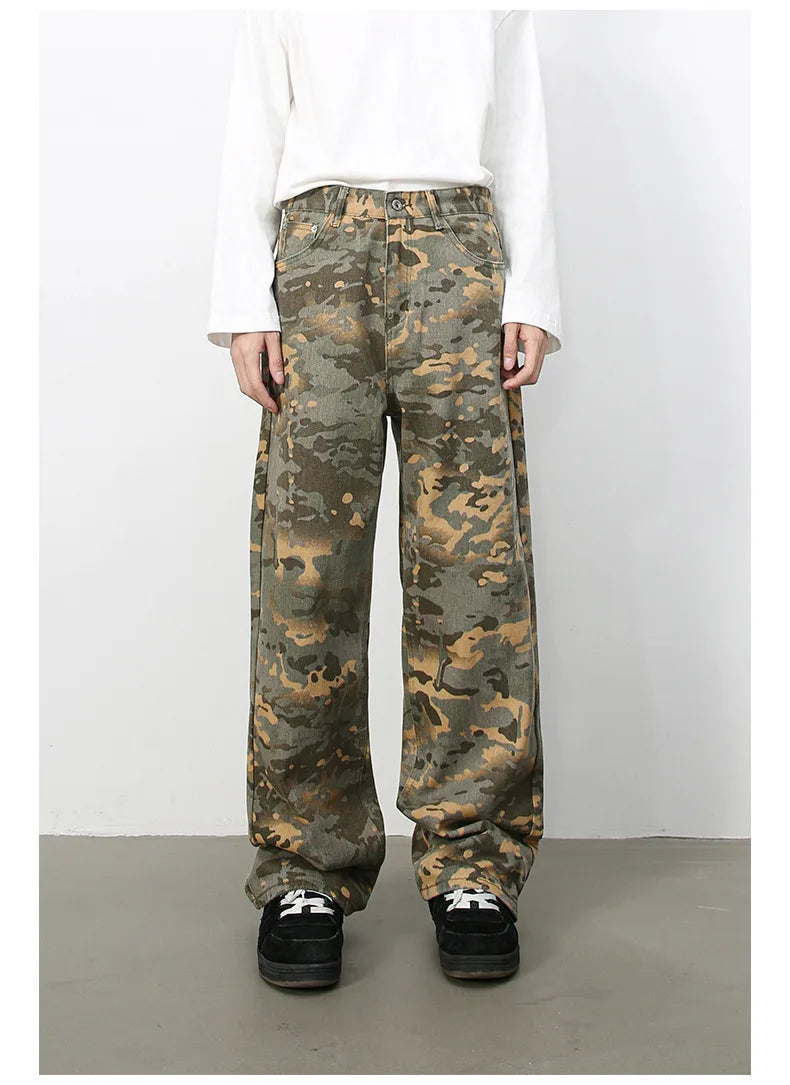 PFNW American 2025 New Tide Camouflage Jeans Men's Ins Loose Straight Wide Leg Casual Denim Pants Loose Male Trousers 12C2036