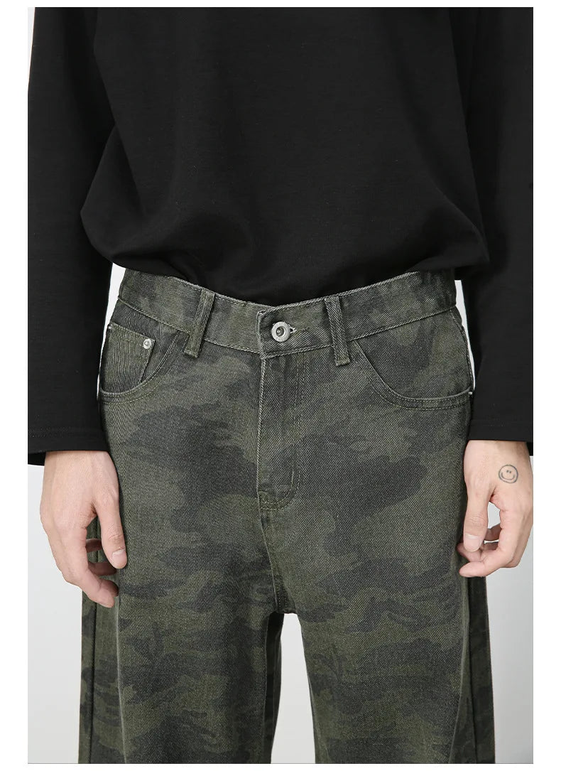 PFNW American 2025 New Tide Camouflage Jeans Men's Ins Loose Straight Wide Leg Casual Denim Pants Loose Male Trousers 12C2036