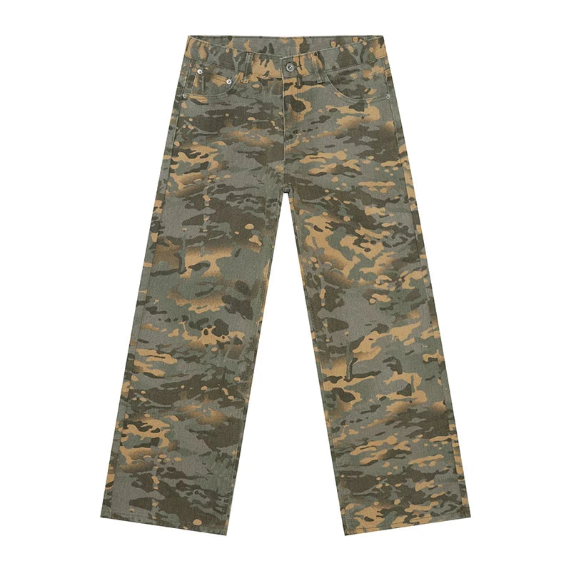 PFNW American 2025 New Tide Camouflage Jeans Men's Ins Loose Straight Wide Leg Casual Denim Pants Loose Male Trousers 12C2036